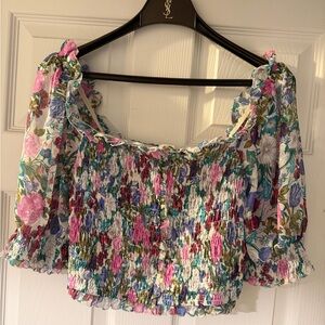 Astr Floral Smocked Off-Shoulder Crop Top - Pink, Blue, Green